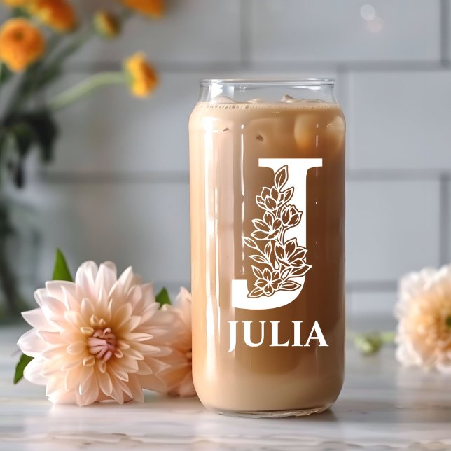 Floral Letter J Monogram Personalized Name White Can Glass (Creator Uploaded)