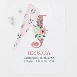 Floral Letter J Pink Girl's Name and Birth Stats Baby Blanket