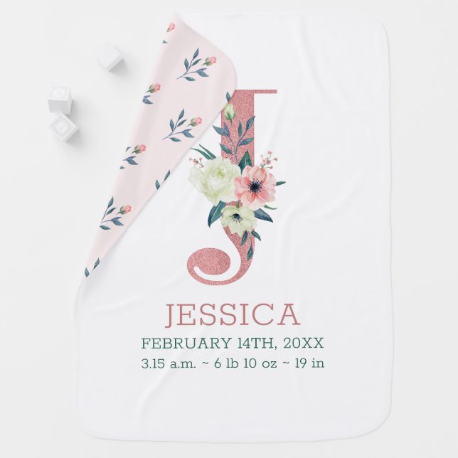 Floral Letter J Pink Girl's Name and Birth Stats Baby Blanket (In Situ)
