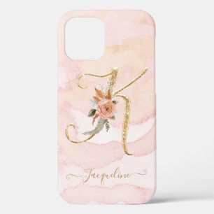 Floral Letter K Gold Script Monogram Watercolor iPhone 12 Case