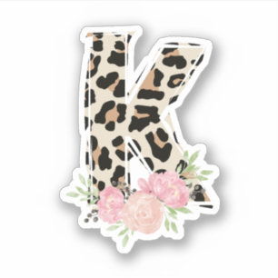 Floral Letter K Initial Name Leopard Cheetah Print Sticker