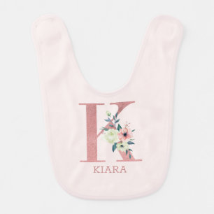 Floral Letter K Pink Personalized Girl Baby Bib