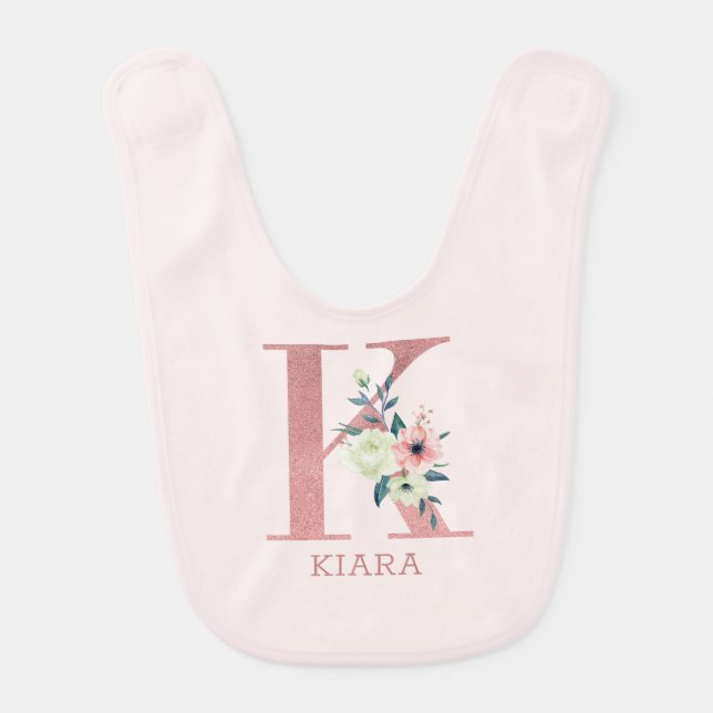 Floral Letter K Pink Personalized Girl Baby Bib (Front)