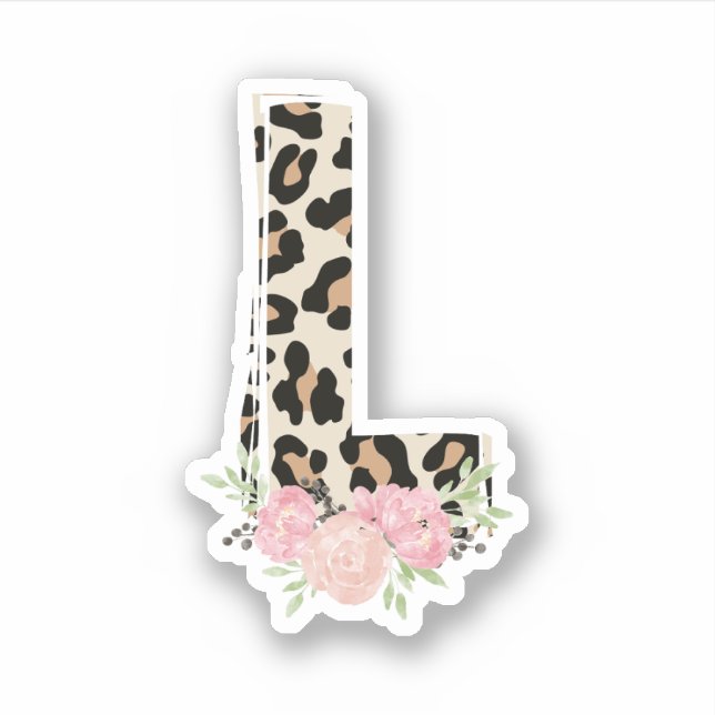 Floral Letter L Initial Name Leopard Cheetah Print Sticker (Front)