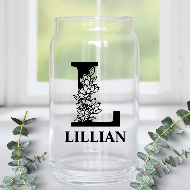 Floral Letter L Monogram and Personalized Name Can Glass (Creator Uploaded)