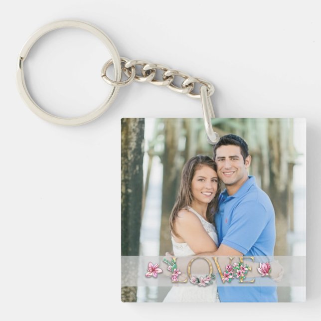 Floral Letter LOVE with Couples Photo Names Date Keychain (Front)