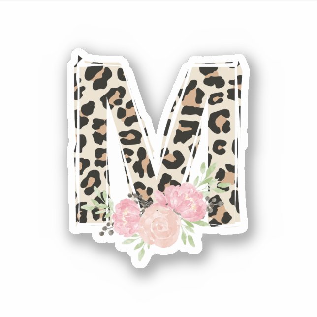 Floral Letter M Initial Name Leopard Cheetah Print Sticker (Front)