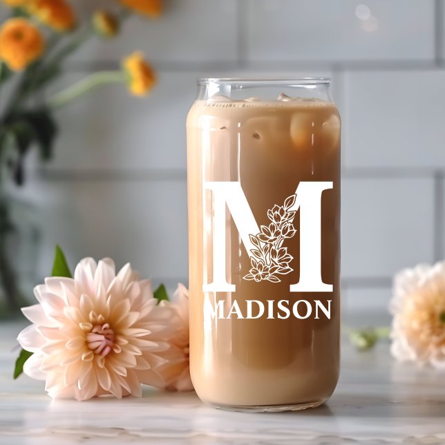 Floral Letter M Monogram Personalized Name White Can Glass (Creator Uploaded)