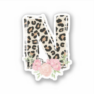 Floral Letter N Initial Name Leopard Cheetah Print Sticker