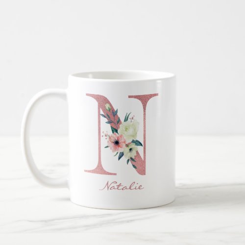 Floral Letter N Initial _ Pink and Ivory Bouquet Coffee Mug