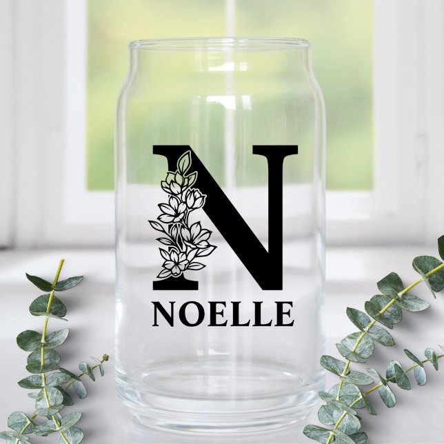 Floral Letter N Monogram and Personalized Name Can Glass (Creator Uploaded)