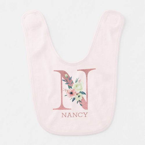 Floral Letter N Pink Personalized Girl Baby Bib