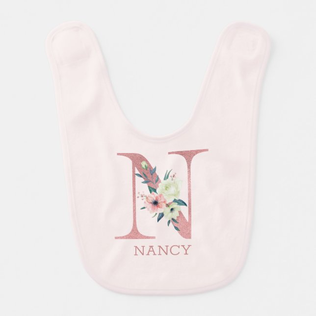 Floral Letter N Pink Personalized Girl Baby Bib (Front)