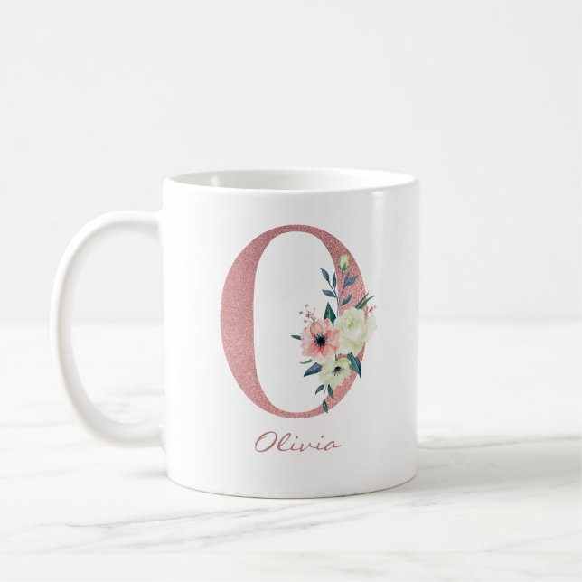 Floral Letter O Initial - Pink and Ivory Bouquet Coffee Mug (Left)
