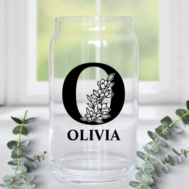 Floral Letter O Monogram and Personalized Name Can Glass (Creator Uploaded)