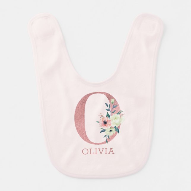 Floral Letter O Pink Personalized Girl Baby Bib (Front)