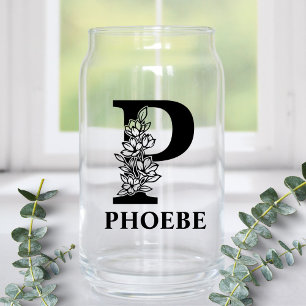 Floral Letter P Monogram and Personalized Name Can Glass
