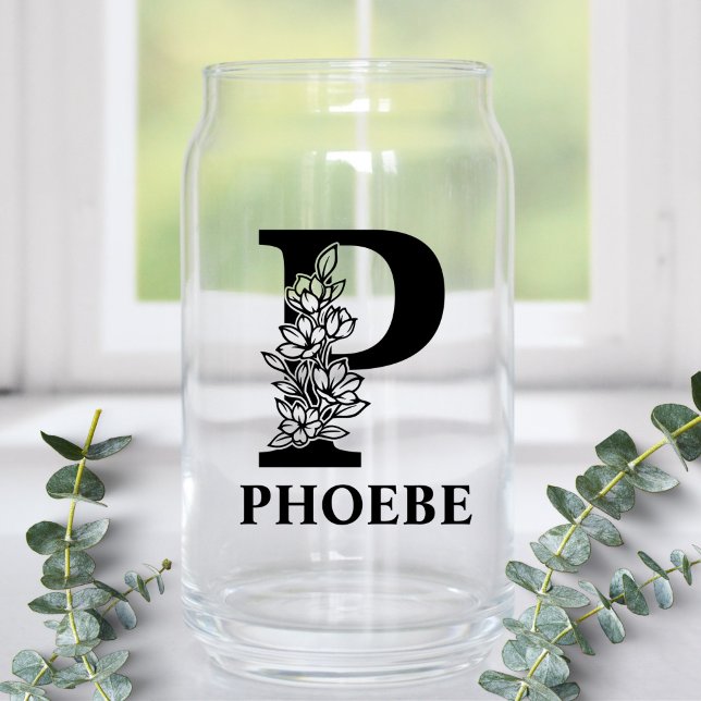 Floral Letter P Monogram and Personalized Name Can Glass (Creator Uploaded)