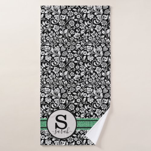 floral Letter personal monogram black and white Bath Towel