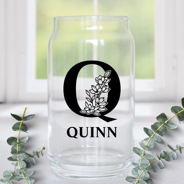 Floral Letter Q Monogram and Personalized Name Can Glass (Creator Uploaded)