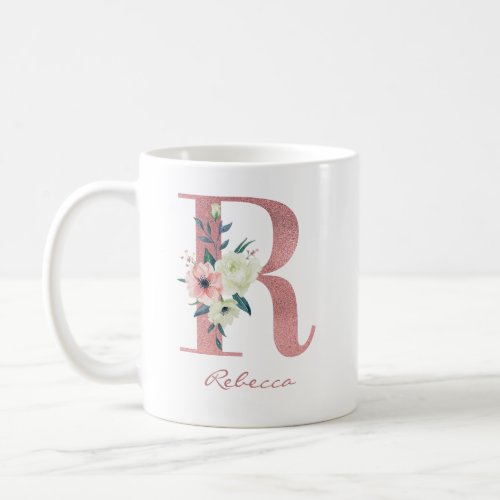 Floral Letter R Initial _ Pink and Ivory Bouquet Coffee Mug