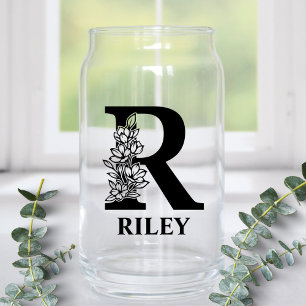 Floral Letter R Monogram and Personalized Name Can Glass