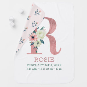 Floral Letter R Pink Girl's Name and Birth Stats Baby Blanket