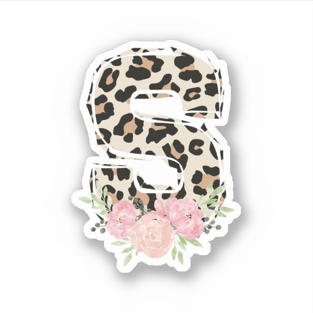 Floral Letter S Initial Name Leopard Cheetah Print Sticker (Front)