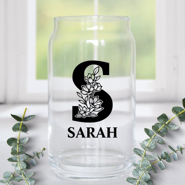 Floral Letter S Monogram and Personalized Name Can Glass (Creator Uploaded)