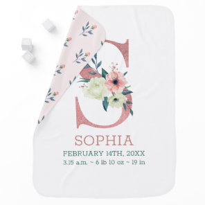 Floral Letter S Pink Girl's Name and Birth Stats Baby Blanket