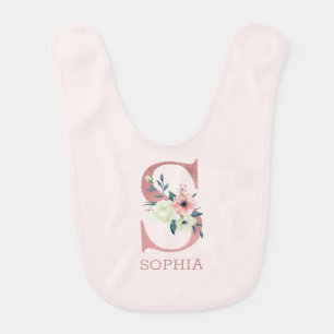 Floral Letter S Pink Personalized Girl Baby Bib