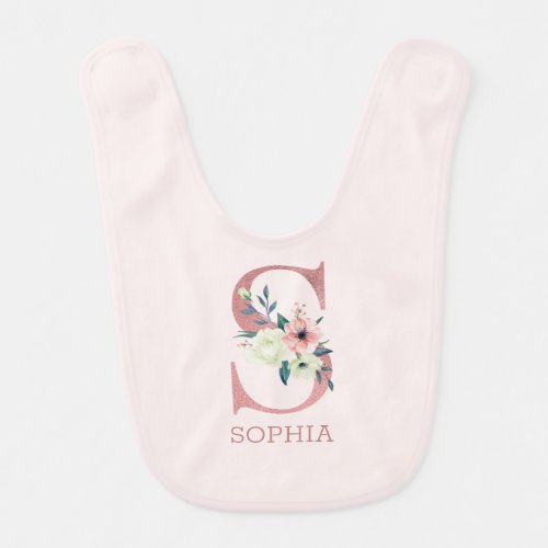 Floral Letter S Pink Personalized Girl Baby Bib