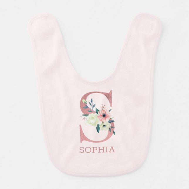 Floral Letter S Pink Personalized Girl Baby Bib (Front)