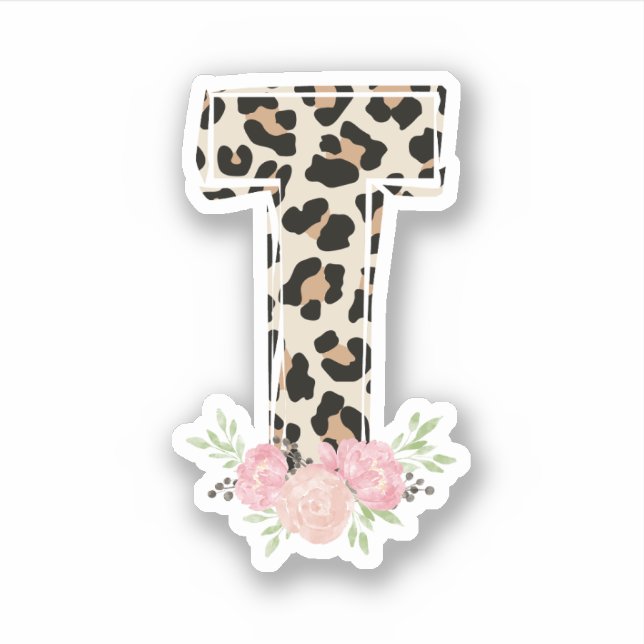 Floral Letter T Initial Name Leopard Cheetah Print Sticker (Front)