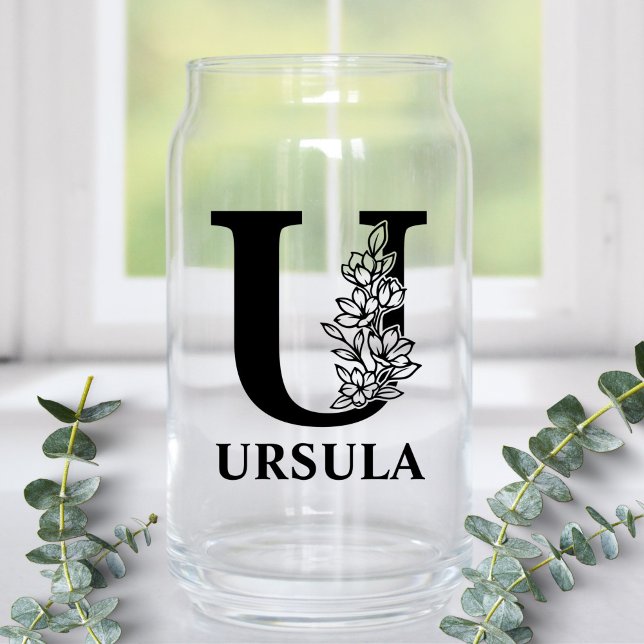 Floral Letter U Monogram and Personalized Name Can Glass (Creator Uploaded)