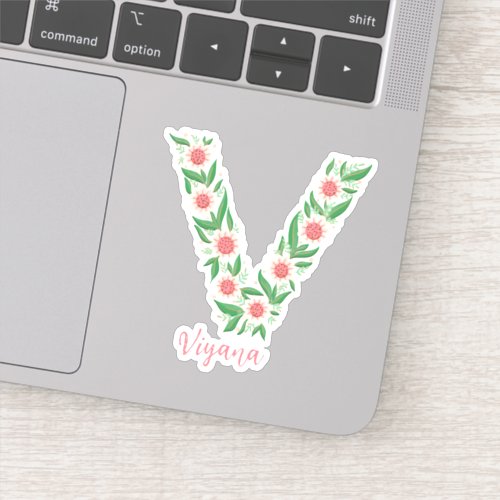 Floral letter V custom cut vinyl stickers