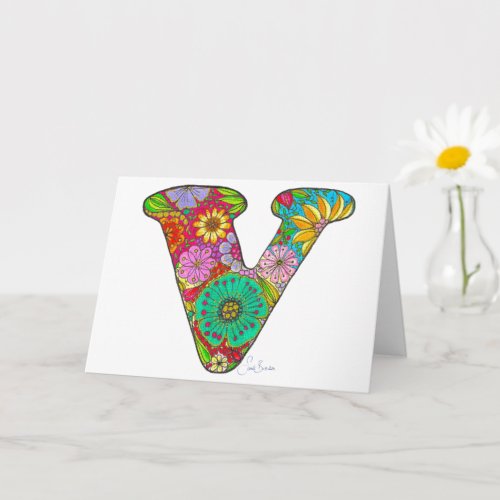 Floral Letter V Greeting Card _ Blank Inside