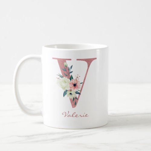 Floral Letter V Initial _ Pink and Ivory Bouquet Coffee Mug