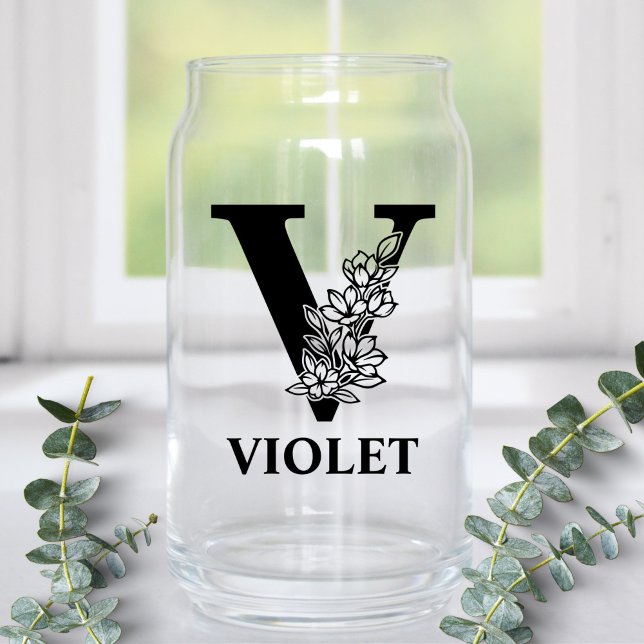 Floral Letter V Monogram and Personalized Name Can Glass (Creator Uploaded)
