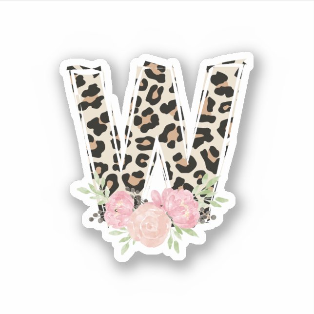 Floral Letter W Initial Name Leopard Cheetah Print Sticker (Front)