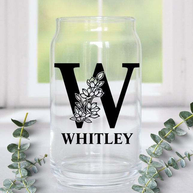 Floral Letter W Monogram and Personalized Name Can Glass (Creator Uploaded)