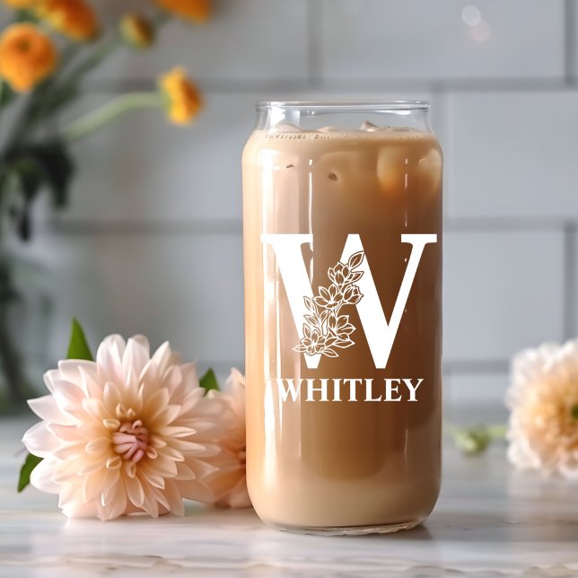Floral Letter W Monogram Personalized Name White Can Glass (Creator Uploaded)