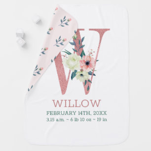 Floral Letter W Pink Girl's Name and Birth Stats Baby Blanket