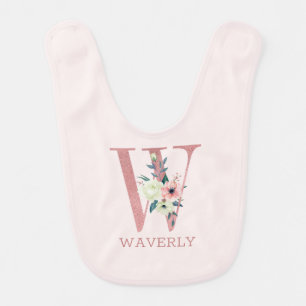 Floral Letter W Pink Personalized Girl Baby Bib