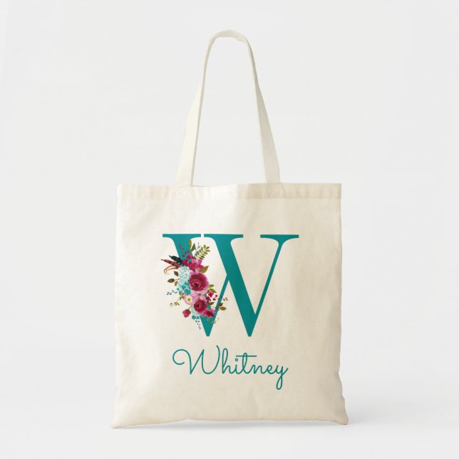 Floral Letter W Script Monogram Teal Pink Tote Bag (Front)