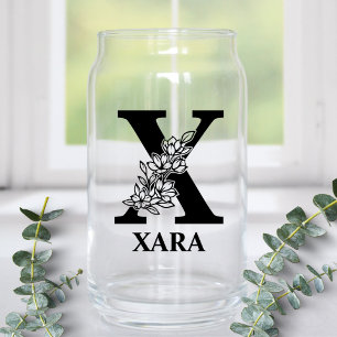 Floral Letter X Monogram and Personalized Name Can Glass