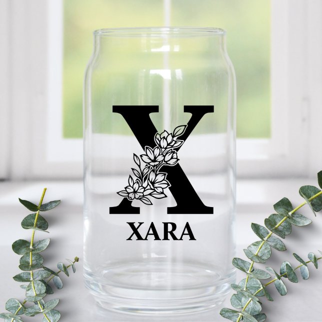 Floral Letter X Monogram and Personalized Name Can Glass (Creator Uploaded)