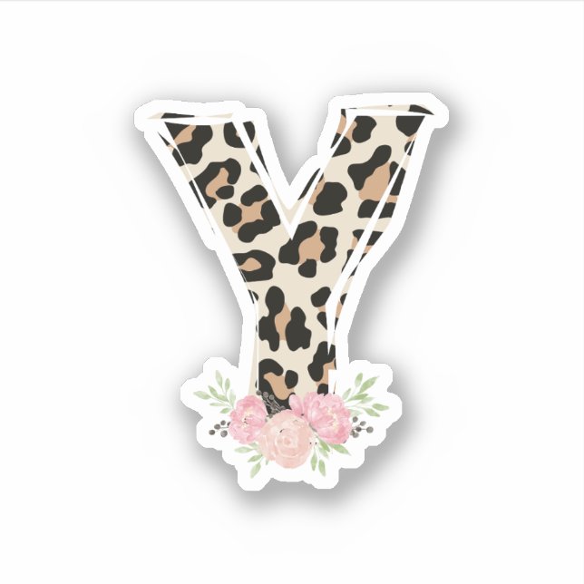 Floral Letter Y Initial Name Leopard Cheetah Print Sticker (Front)