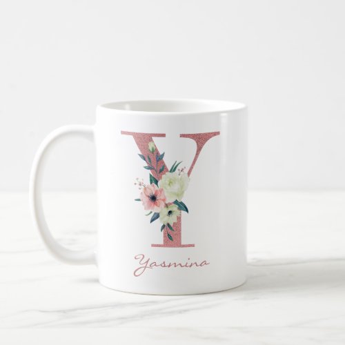 Floral Letter Y Initial _ Pink and Ivory Bouquet Coffee Mug