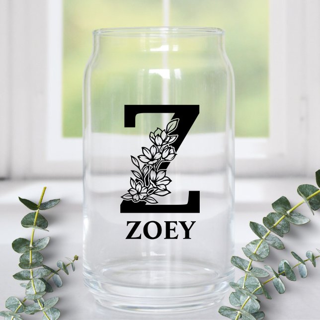 Floral Letter Z Monogram and Personalized Name Can Glass (Creator Uploaded)